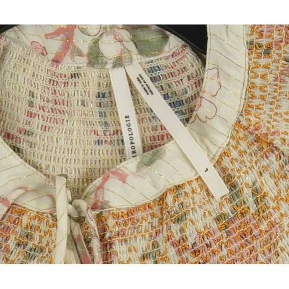 Anthropologie Blouse Women's Size Large Floral Smocked Lurex Peasant Top - Picture 4 of 7